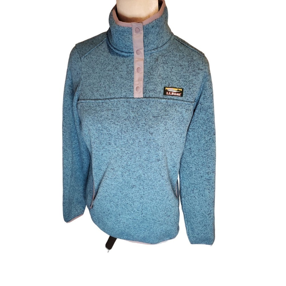 LL Bean Women's Blue Heathered Fleece Snap Neck Pullover Sweater M REG‎